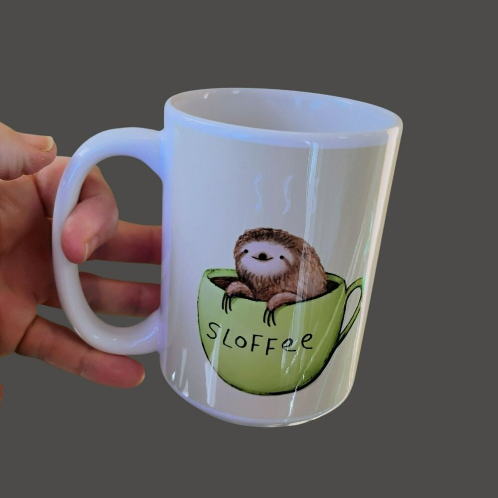 Sloth-Themed "Sloffee" Ceramic Mug By Society6, White With Green Cup Design - Picture 6 of 7